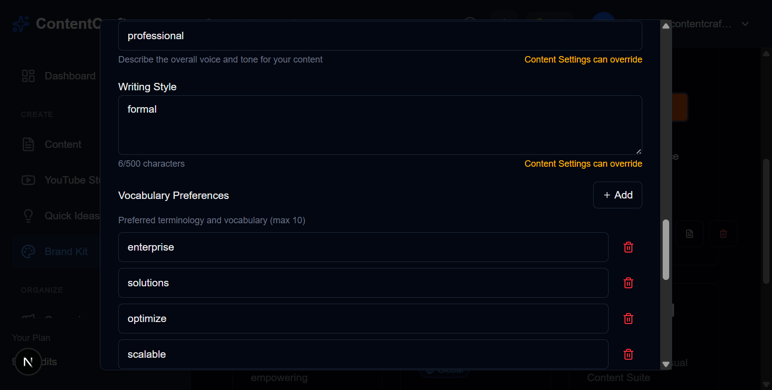 Voice configuration in brand kit showing tone, vocabulary, and guidelines